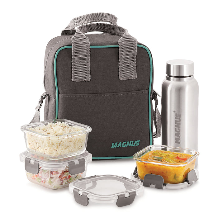 Magnus G-Lock Solid Lunch Box with Vertical Pouch & Detachable Clip, 3+1 Square Glass Containers 320 ML