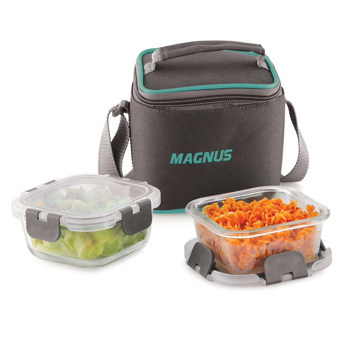 Magnus G-Lock Solid Lunch Box with Vertical Pouch & Detachable Clip, 2 Square Glass Containers 320 ML