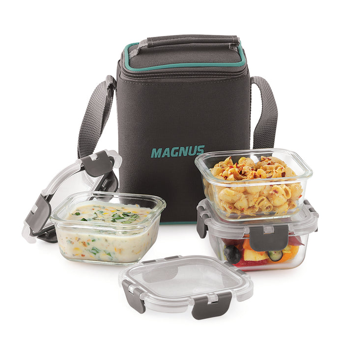 Magnus G-Lock Solid Lunch Box with Vertical Pouch & Detachable Clip, 3 Square Glass Containers 320 ML