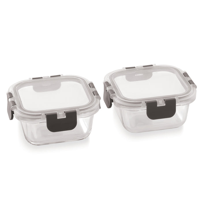 Magnus G-Lock Solid Lunch Box with Vertical Pouch & Detachable Clip, 2 Square Glass Containers 320 ML