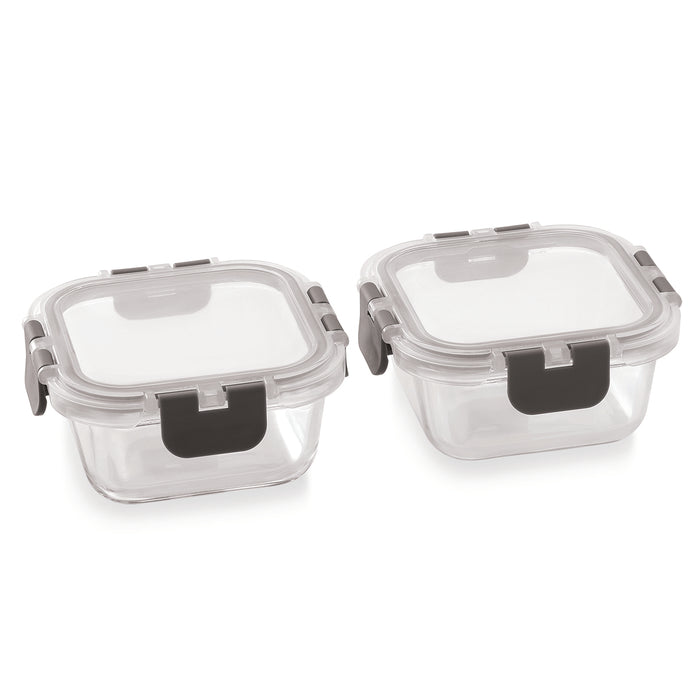 Magnus G-Lock Solid Lunch Box with Horizontal Pouch & Detachable Clip, 2 Square Glass Containers 320 ML