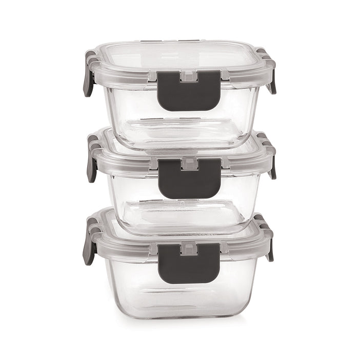 Magnus G-Lock Solid Lunch Box with Vertical Pouch & Detachable Clip, 3 Square Glass Containers 320 ML