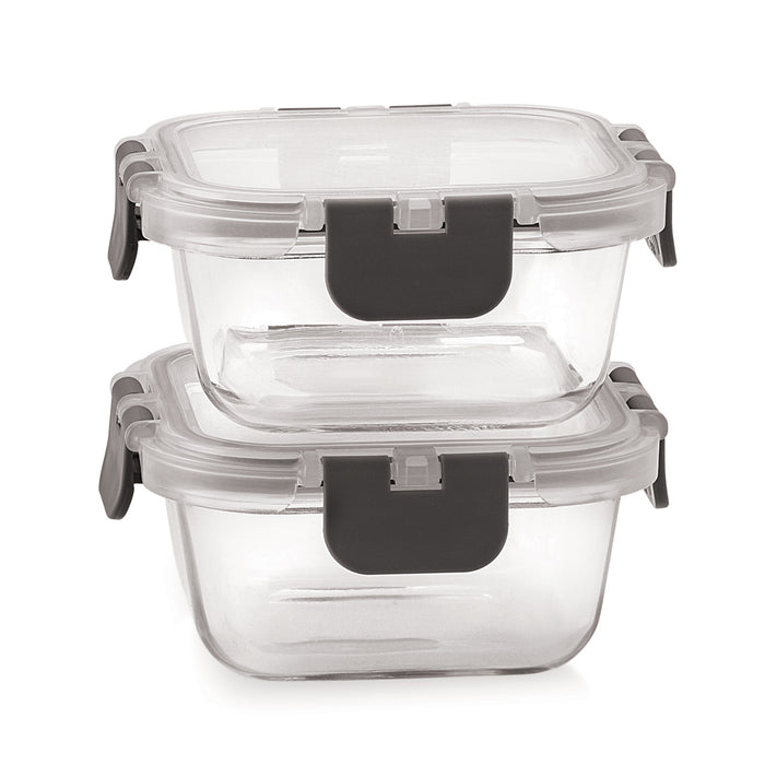 Magnus G-Lock Solid Lunch Box with Horizontal Pouch & Detachable Clip, 2 Square Glass Containers 320 ML