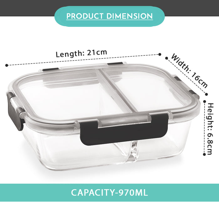 Glock Glass Food Divider Rectangle Container with Break-Free Detachable Lock, Oven & Microwave Safe Borosilicate Glass - 970ML