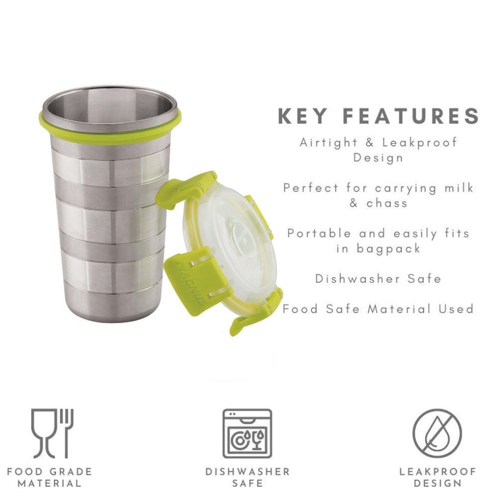 Magnus Stainless Steel Designer Klip Lock Tumbler with Lid and Straw - 350ml | Leak-Proof & Airtight Tumbler - Ideal for Travel, Office, Kids | Perfect for Juice, Buttermilk | Pack of 4