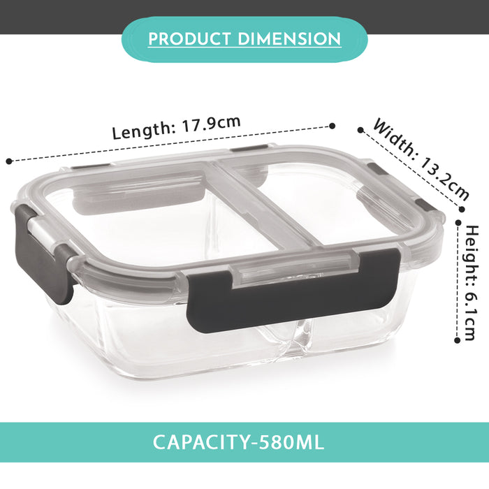 Glock Glass Food Divider Rectangle Container with Break-Free Detachable Lock, Oven & Microwave Safe Borosilicate Glass - 580ML