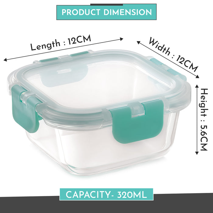 Magnus Glock Glass Food Square Container with Break-Free Detachable Lock, 320ML - Oven & Microwave Safe Borosilicate Glass Lunch Box, Kitchen Essentials, Lunch Boxes for Office Men, Green