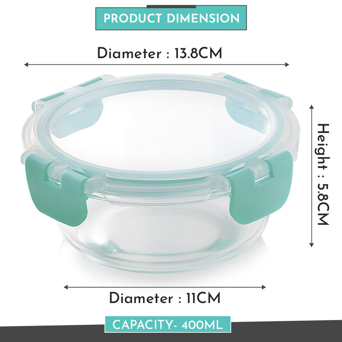 Magnus Glock Glass Food Round Container with Break-Free Detachable Lock, 400ML Borosilicate Glass, Oven & Microwave Safe Lunch Box, Kitchen Essentials, Lunch Boxes for Office Men | Green