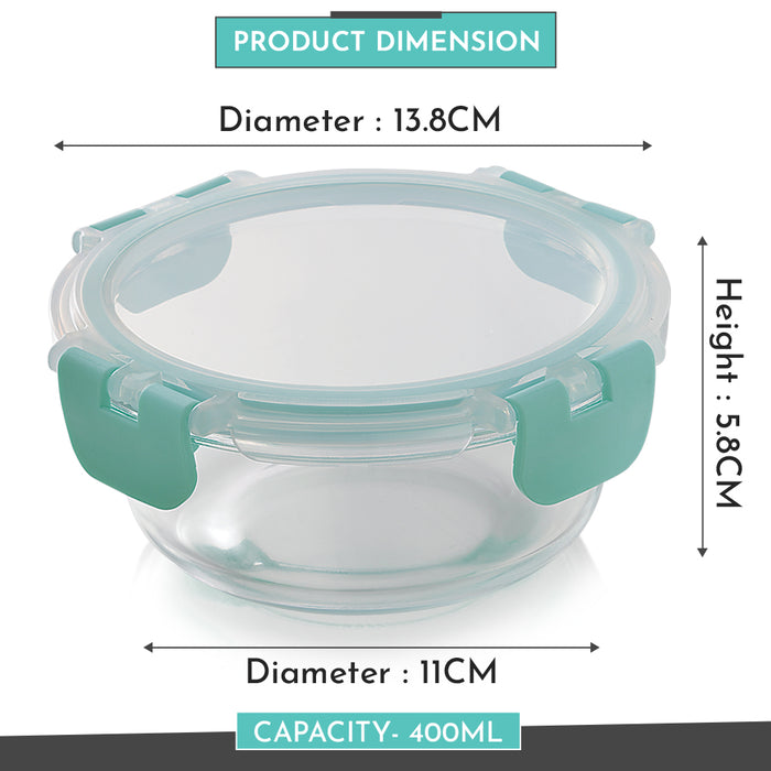 Magnus G-Lock Glass Food Round Container with Break-Free Detachable Lock, 400ML Borosilicate Glass, Oven & Microwave Safe Lunch Box, Kitchen Essentials, Lunch Boxes for Office Men | Green