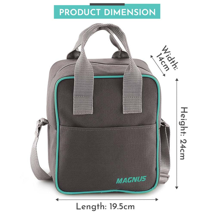 Magnus Glock Solid Glass Lunch Box with Vertical Pouch and Fixed Clip, 1 S S Bottle and 3 Square Airtight, Leakproof, Microwave Safe Borosilicate Glass Containers, 320 ML Each