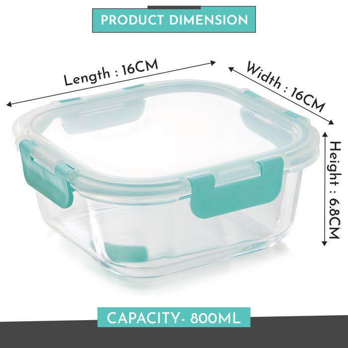 Magnus Glock Glass Food Square Container with Break-Free Detachable Lock, Oven & Microwave Safe Borosilicate Glass, 800ML, Ideal Lunch Box, Kitchen Essentials, Lunch Boxes for Office Men, Green