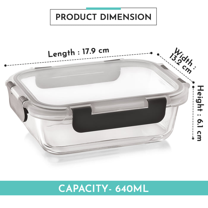 Magnus Glock Glass Food Rectangle Container with Break-Free Detachable Lock – Oven & Microwave Safe Borosilicate Glass 640ML – Lunch Box for Kitchen Essentials, Lunch Boxes for Office Men