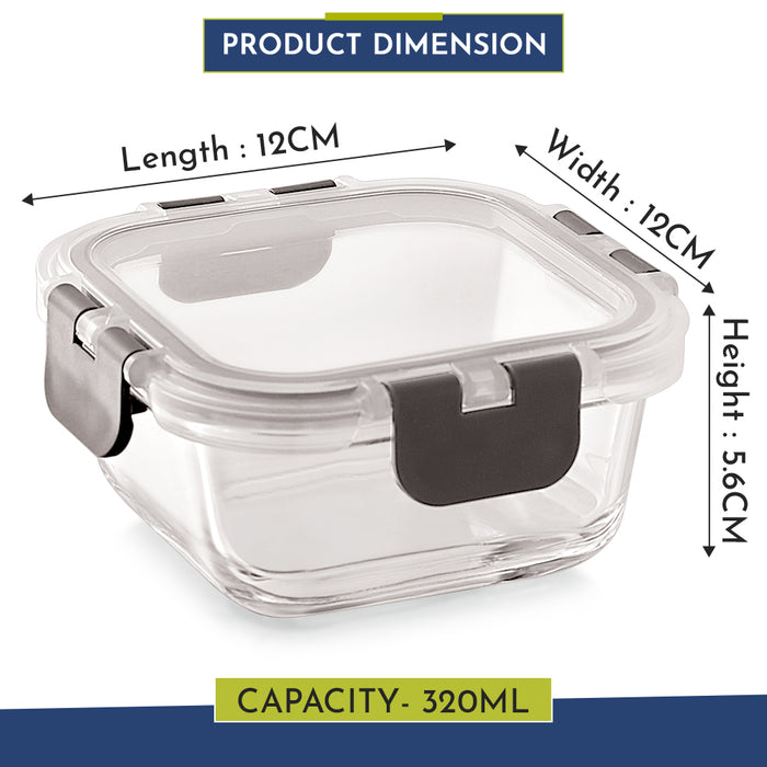 Magnus G-Lock Glass Food Square Container with Break-Free Detachable Lock, 320ML - Oven & Microwave Safe Borosilicate Glass Lunch Box, Kitchen Essentials, Lunch Boxes for Office Men