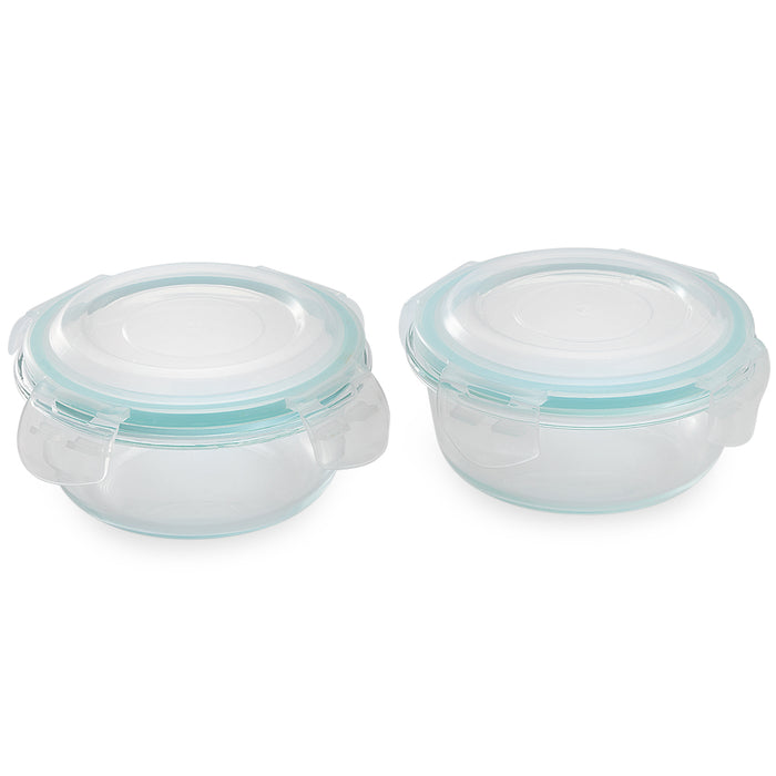 Magnus Vivid Solid Lunch Box with Horizontal Pouch & Fixed Clip, 2 Round Glass Containers 400 ML