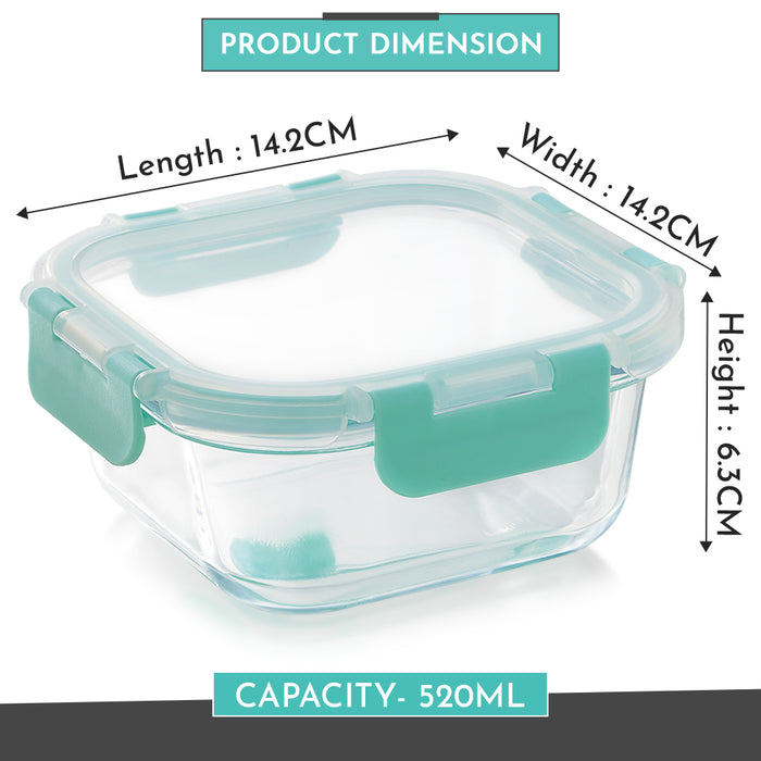 Magnus Glock Glass Food Square Container with Break-Free Detachable Lock, Oven & Microwave Safe Borosilicate Glass 520ML - Lunch Box, Kitchen Essentials, Lunch Boxes for Office Men, Green