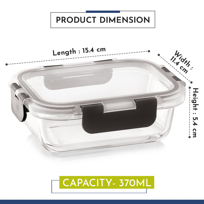 Magnus G-Lock Glass Food Rectangle Container with Break-Free Detachable Lock – Borosilicate Glass Lunch Box, Oven & Microwave Safe, 370ML - Kitchen Essentials, Lunch Boxes for Office Men