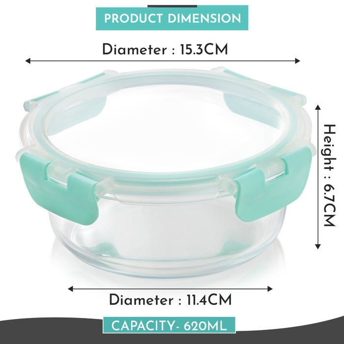 Magnus Glock Glass Food Round Container with Break-Free Detachable Lock, 620ML Borosilicate Glass, Oven & Microwave Safe Lunch Box, Kitchen Essentials for Office Men | Green