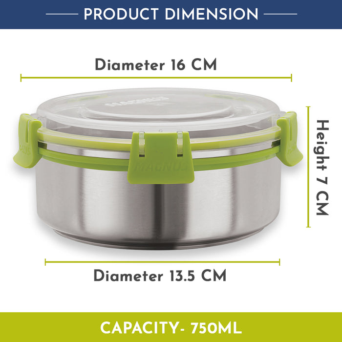 Magnus Klip Lock Stainless Steel Airtight Leakproof Storage Container 750ML | Kitchen Accessories Items | Ideal Lunch Box for Office Men | Durable Lunch Boxes for Adults