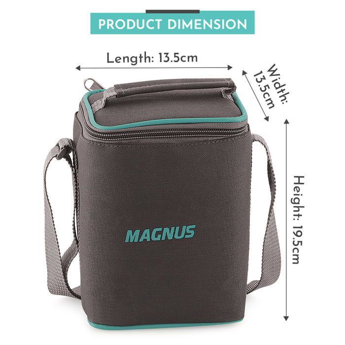 Magnus Glock Solid Glass Lunch Box with Vertical Pouch and Fixed Clip, Includes 3 Square Airtight, Leakproof, Microwave Safe Borosilicate Glass Containers, 320 ML Each