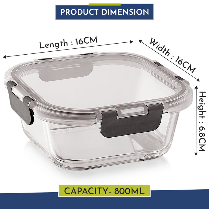 Magnus G-Lock Glass Food Square Container with Break-Free Detachable Lock – Oven & Microwave Safe Borosilicate Glass, 800ML – Ideal Lunch Box, Kitchen Essentials, Lunch Boxes for Office Men