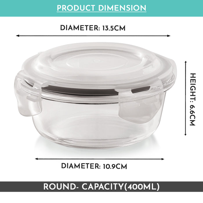 Vivid Glass Food Round Container with Break-Free Detachable Lock – Oven & Microwave Safe Borosilicate Glass - 400ML