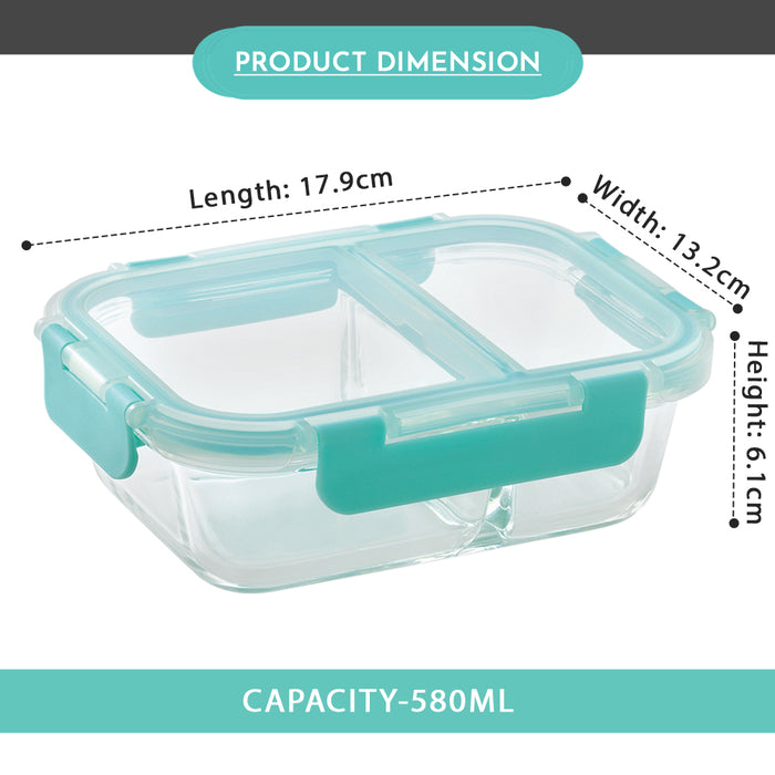 Glock Glass Food Divider Rectangle Container with Break-Free Detachable Lock, Oven & Microwave Safe Borosilicate Glass - 580ML | Green