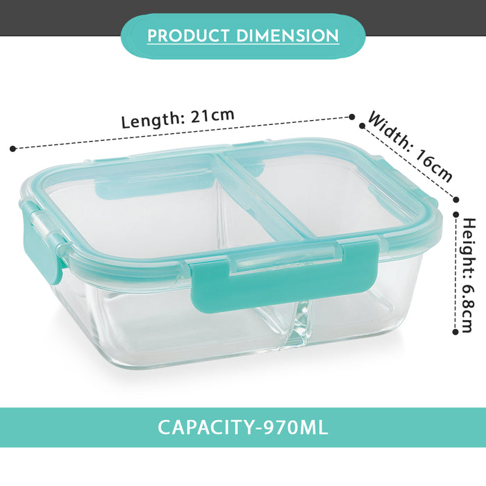 Glock Glass Food Divider Rectangle Container with Break-Free Detachable Lock, Oven & Microwave Safe Borosilicate Glass - 970ML | Green