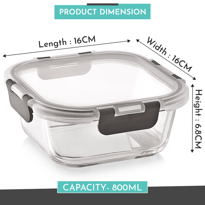 Magnus Glock Glass Food Square Container with Break-Free Detachable Lock – Oven & Microwave Safe Borosilicate Glass, 800ML – Ideal Lunch Box, Kitchen Essentials, Lunch Boxes for Office Men