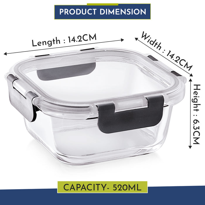 Magnus G-Lock Glass Food Square Container with Break-Free Detachable Lock – Oven & Microwave Safe Borosilicate Glass 520ML - Lunch Box, Kitchen Essentials, Lunch Boxes for Office Men