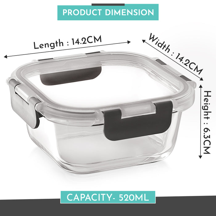 Magnus Glock Glass Food Square Container with Break-Free Detachable Lock – Oven & Microwave Safe Borosilicate Glass 520ML - Lunch Box, Kitchen Essentials, Lunch Boxes for Office Men