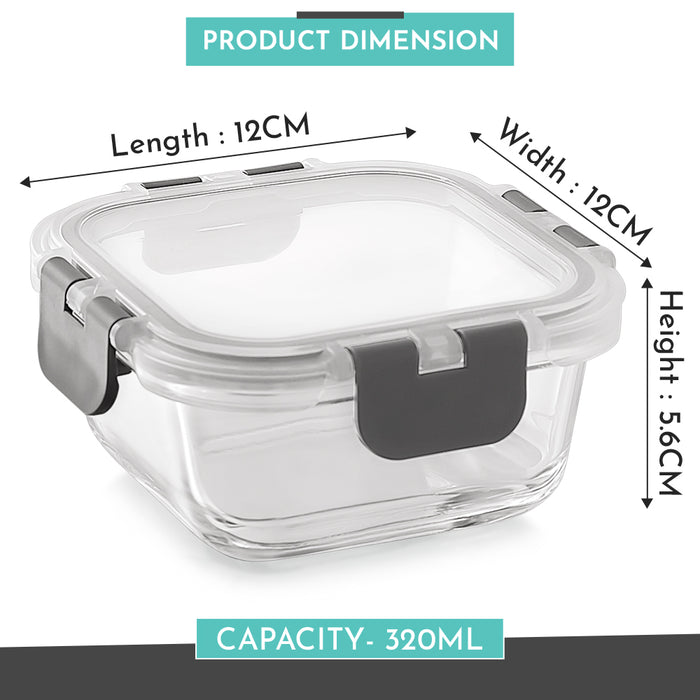 Magnus Glock Glass Food Square Container with Break-Free Detachable Lock, 320ML - Oven & Microwave Safe Borosilicate Glass Lunch Box, Kitchen Essentials, Lunch Boxes for Office Men