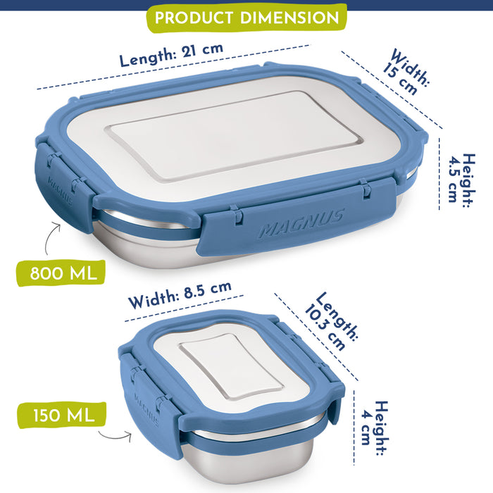 Magnus Bolt Deluxe Stainless Steel Lunch Box - Airtight & Leak Proof Tiffin, 2 Containers (800ml & 150ml), Ideal Lunch Box for Kids, Lunch Boxes for Office Men, Women & Picnic, Cool Blue