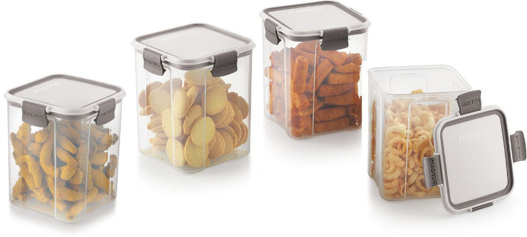 Magnus Modulock Airtight Food Storage See Through Plastic Containers- Set of 4, 950 ml Each, White & Grey Lid with Clear Bottom