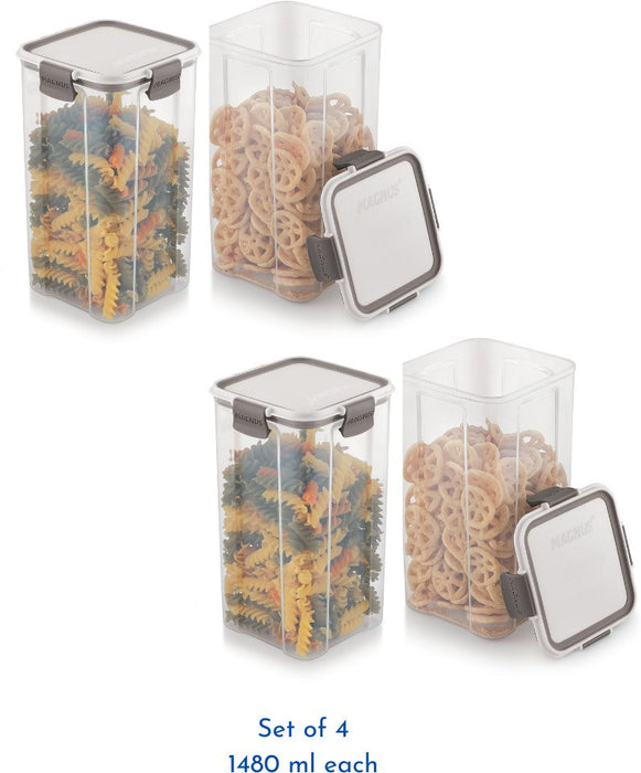 Magnus Modulock Airtight Food Storage See Through Plastic Containers- Set of 4, 1480 ml Each, White & Grey Lid with Clear Bottom