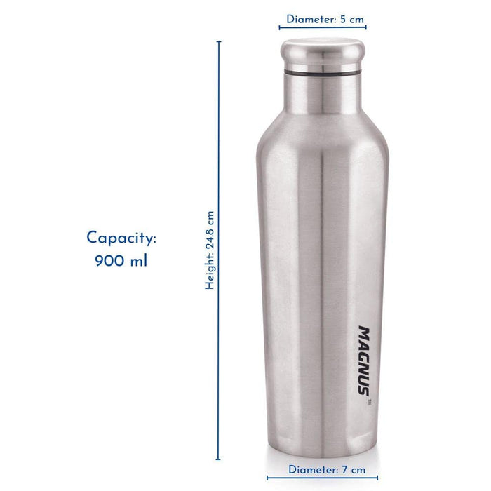 Magnus Sporty Single Walled Stainless Steel Water Bottle for School/Office/Picnic, Silver, 900 ml