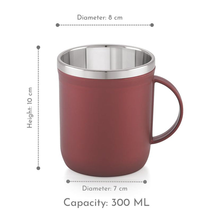 Magnus Espresso Mug | Maroon Stainless Steel Coffee Mug 300ML With Lid and Handle | Wide Mouth Mug Keeps Beverages Hot & Cold 300ML (Set of 2 Pcs)