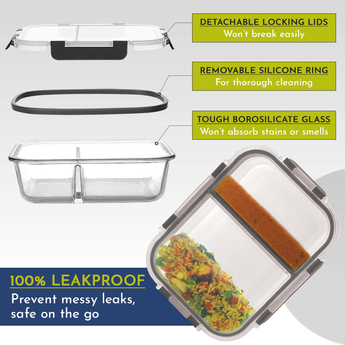 Glock Glass Food Divider Rectangle Container with Break-Free Detachable Lock, Oven & Microwave Safe Borosilicate Glass - 580ML