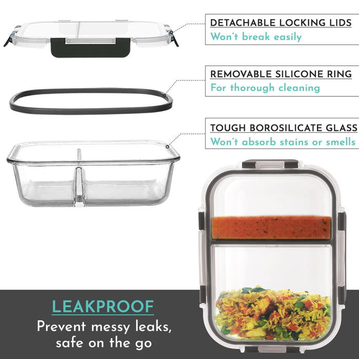 Glock Glass Food Divider Rectangle Container with Break-Free Detachable Lock, Oven & Microwave Safe Borosilicate Glass - 970ML