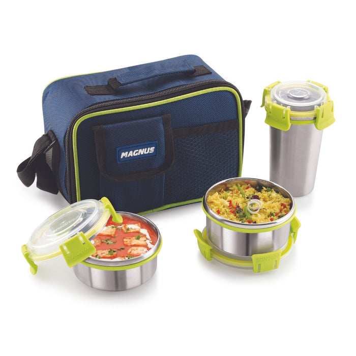 Magnus Ethos 3 Lunch Box Set | Stainless Steel Tiffin with 2 Containers & 1 Glass | Air-Tight, Leakproof, Insulated Bag - Green | Lunch Box for Kids | Lunch Boxes for Office Men, Women