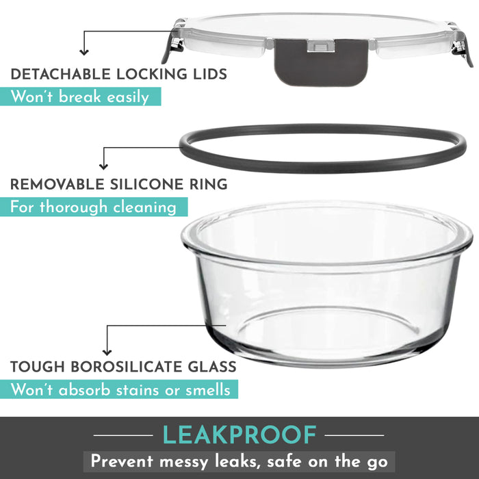 Magnus Glock Solid Glass Lunch Box with Flat Pouch and Fixed Clip, Includes 2 Round Airtight, Leakproof, Microwave Safe Borosilicate Glass Containers, 400 ML Each