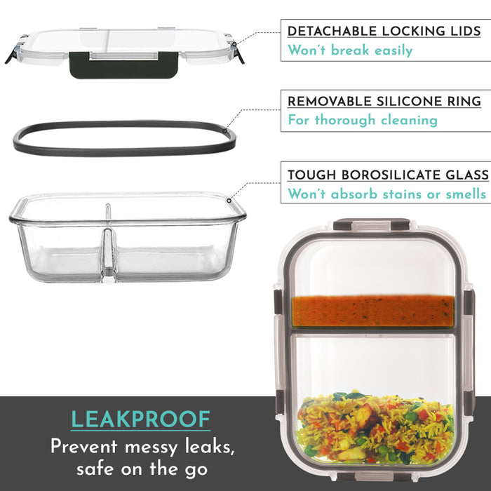 Glock Glass Food Divider Rectangle Container with Break-Free Detachable Lock, Oven & Microwave Safe Borosilicate Glass - 580ML