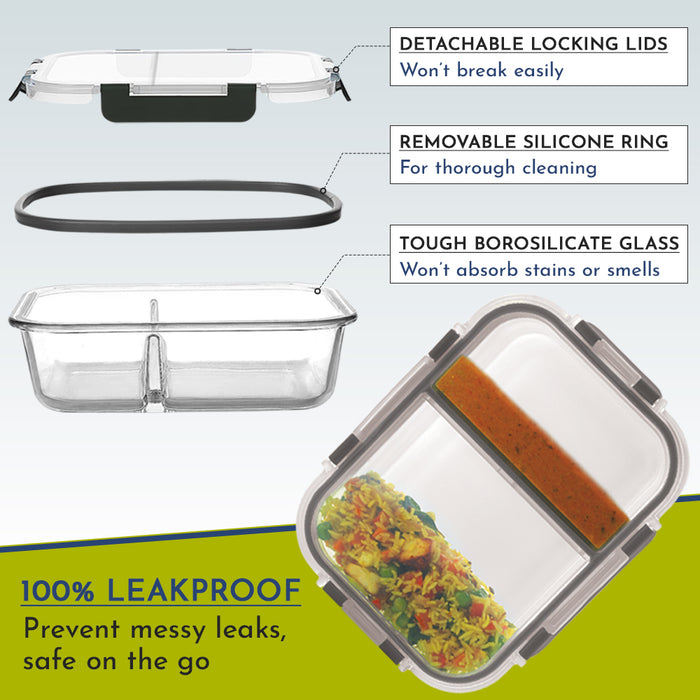 Glock Glass Food Divider Rectangle Container with Break-Free Detachable Lock, Oven & Microwave Safe Borosilicate Glass - 970ML