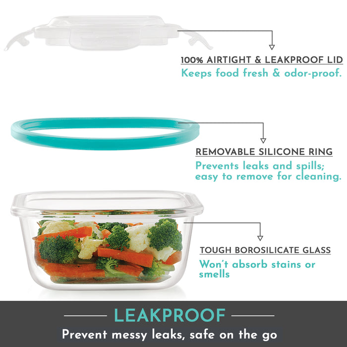 Magnus Vivid Glass Lunch Box with Flat Pouch and Fixed Clip, Includes 2 Square Airtight, Leakproof, Microwave Safe Borosilicate Glass Containers, 320 ML Each