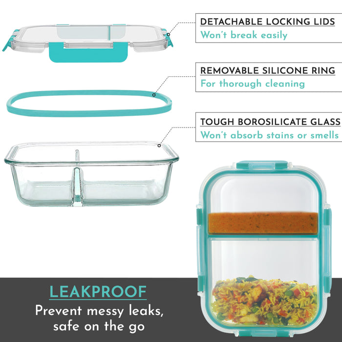 Glock Glass Food Divider Rectangle Container with Break-Free Detachable Lock, Oven & Microwave Safe Borosilicate Glass - 970ML | Green