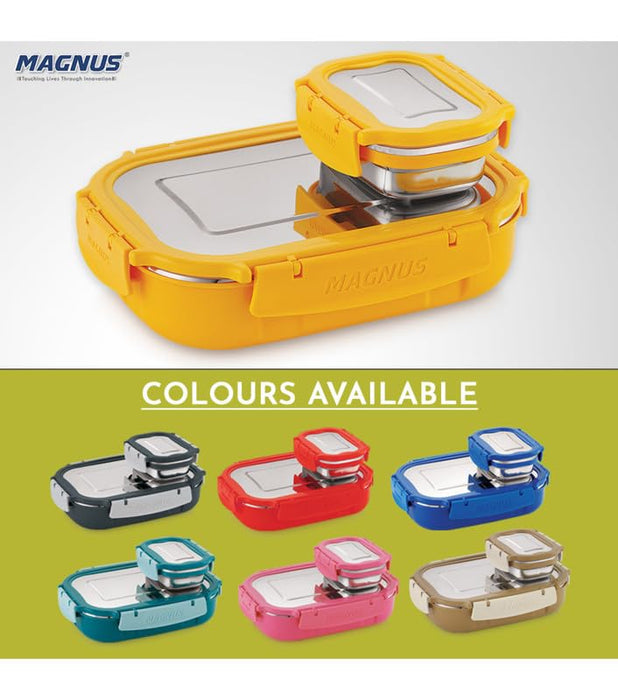 Magnus Spike Lunch Box SP (Yellow) - Stainless Steel Office Lunchbox Set with 800ml & 150ml Leakproof Containers for Men, Women, Kids - Ideal Tiffin for School, Picnic, Airtight & Insulated Design