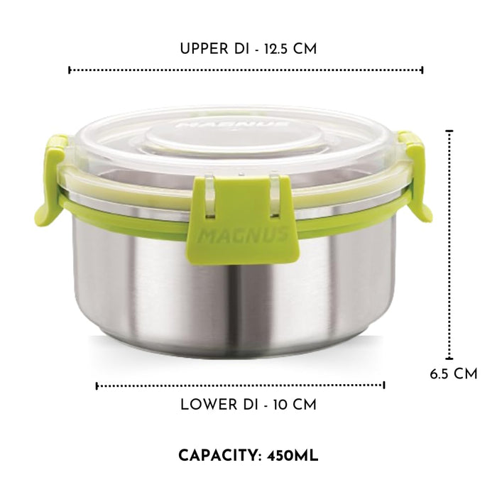 Magnus Klip Lock Stainless Steel Airtight Leakproof Storage Container, 450 ML Each, Set of 6 - Kitchen Accessories Items, Lunch Box, Lunch Boxes for Office Men