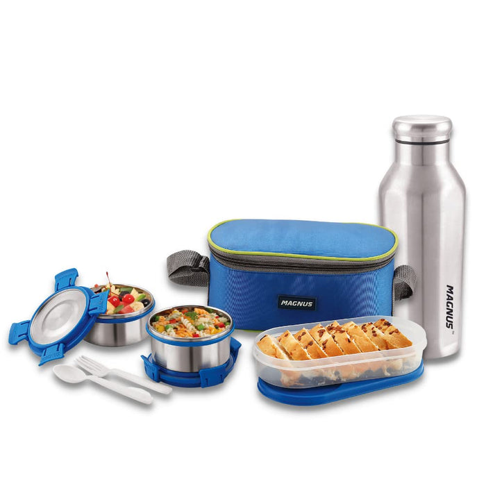 Magnus Avanza 3 Deluxe Airtight & Leakproof Stainless Steel School & Office Lunch Box (1050 ml) + Sporty Single Walled SS Bottle (550 ml) - Ideal Lunch Box for Kids & Lunch Boxes for Office Men