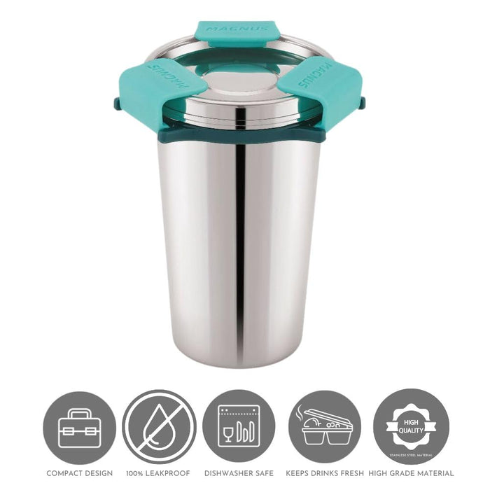 Magnus Stainless Steel Revlock Glass Glossy (350 ml) |Leak-Proof & Airtight Tumbler with Rev Lock Lid - Perfect for Travel, Office, and Kids | Ideal for Juice, Lassi, Buttermilk |Sleek & Portable