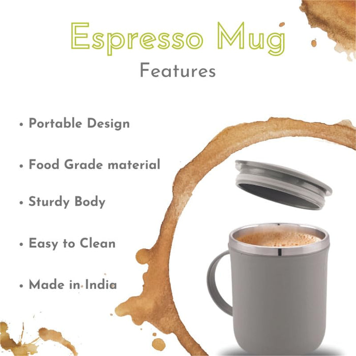 Magnus Espresso Mug | Grey Stainless Steel Coffee Mug 300ML With Lid and Handle | Wide Mouth Mug Keeps Beverages Hot & Cold 300ML (Set of 2 Pcs)