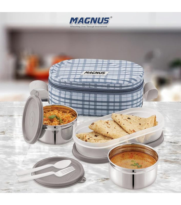 Magnus Deli Stainless Steel Lunch Box Set - Grey | Leakproof & BPA-Free | Lunch Box for Kids | Hot Food Safe | Air-Tight Seal Tiffin Containers | Ideal Lunch Boxes for Office Men & Women